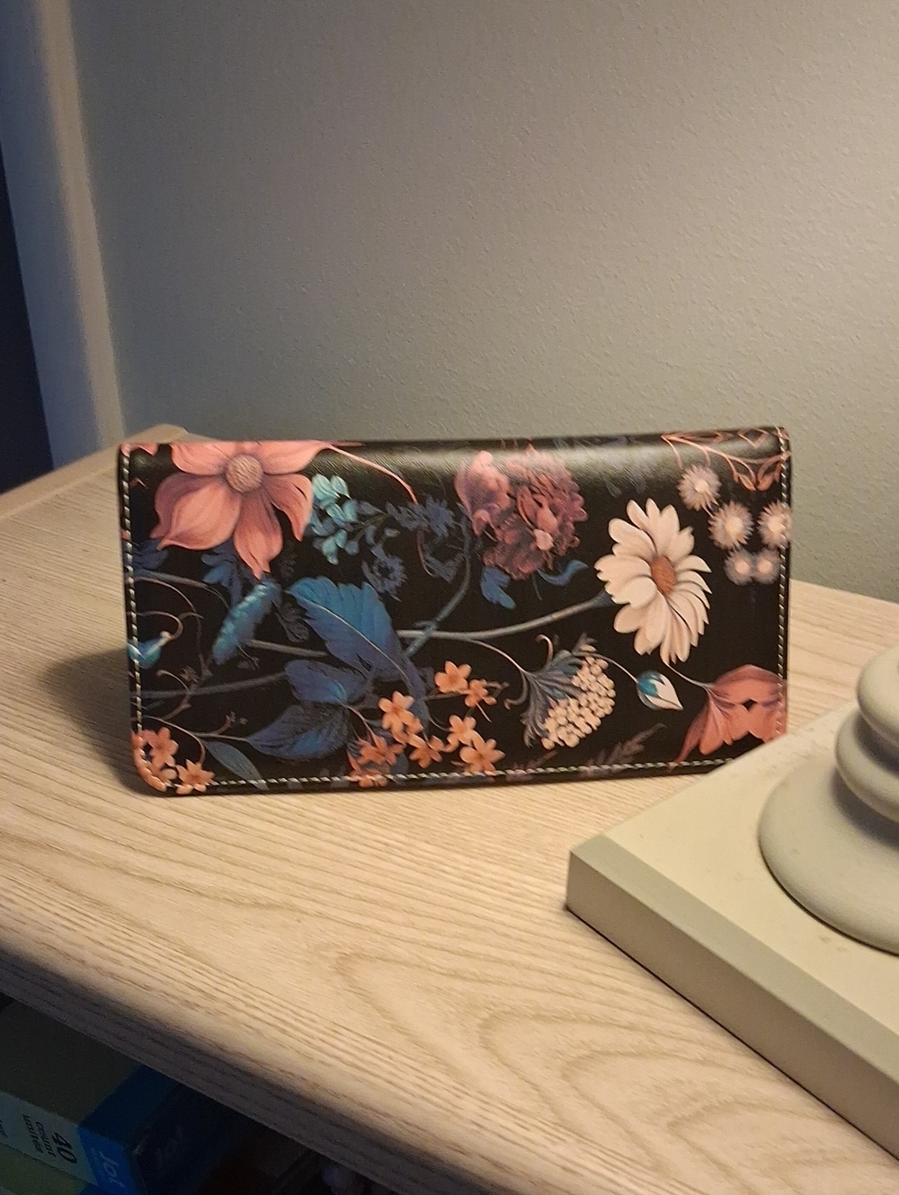 Floral Print Long Wallet - Black with Pink & Blue Flowers